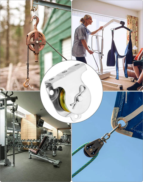 Wall Mount Pulleys, 6 Pcs 1-1/2" Ceiling Mount Single Pulley V-Groove Pulley Hardware shown in various uses.