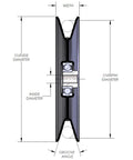 Diagram of V-Groove Drive Pulley 4 Inch Outside Diameter 3/4 Inch Bore Heavy Duty Split Steel Construction with dimensional labels.