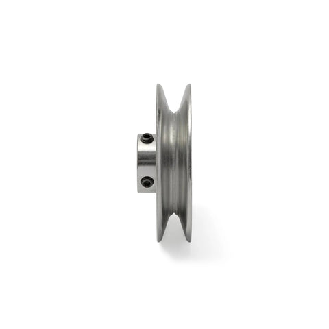 Side view of V-Groove Drive Pulley 4 Inch Outside Diameter 3/4 Inch Bore Heavy Duty Split Steel Construction With 3/16 Inch Keyway And Two Factory-Inserted Set Screws