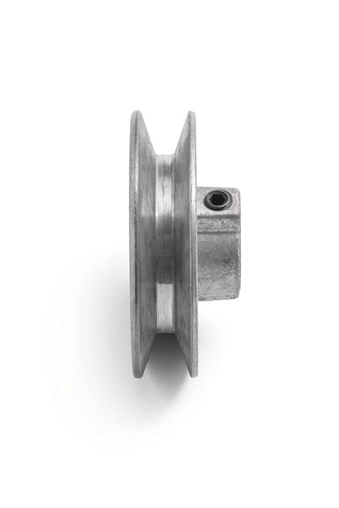 Side view of Heavy Duty Three Inch V Groove Drive Pulley with Five Eighths Inch Bore for Four L A Belts, Zinc Alloy Die Cast