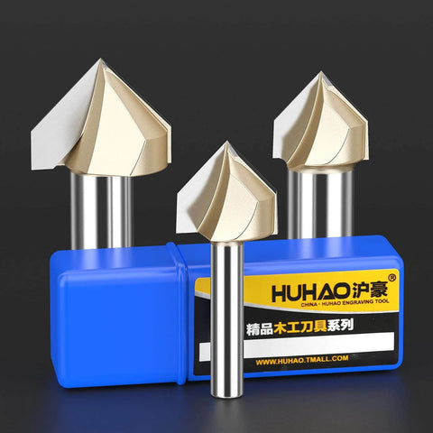 Five Piece 90 Degree V Groove Router Bit Set With One Quarter Inch Shank And Half Inch Cutter Diameter For Woodworking And CNC Engraving Carbide Tipped V Groove Bits For Precise 3D Milling And Carving, displayed in blue packaging with HUHAO branding.
