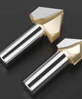 Five Piece 90 Degree V Groove Router Bit Set With One Quarter Inch Shank And Half Inch Cutter Diameter displayed on black surface