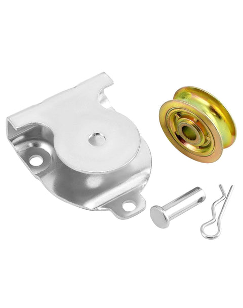 Wall Mount Pulleys, 6 Pcs 1-1/2" Ceiling Mount Single Pulley V-Groove Pulley Hardware Accessories for 3/8" Wire or Rope, Working Load 420 Lbs, components shown.