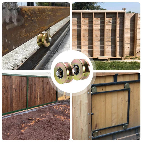 Collage of 4" Heavy Duty Sliding Gate Rollers Wheels 2 Sets V Groove Slide Wheel Solid 4" Dia 1-3/4" Width Double Bearing 3000 Lbs Capacity with Screws in use