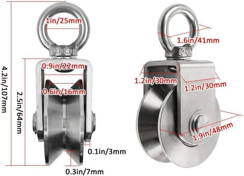 2pcs V-Groove Caster Wheel,Heavy Duty Sheaves Track Pulley,304 Stainless Steel Directional Roller,360° Rotating Ring dimensions