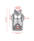 Side view of 2pcs V Groove Wheel Stainless Steel Heavy Duty Wire Rope Pulley Block Sliding Gate Rollers with measurements