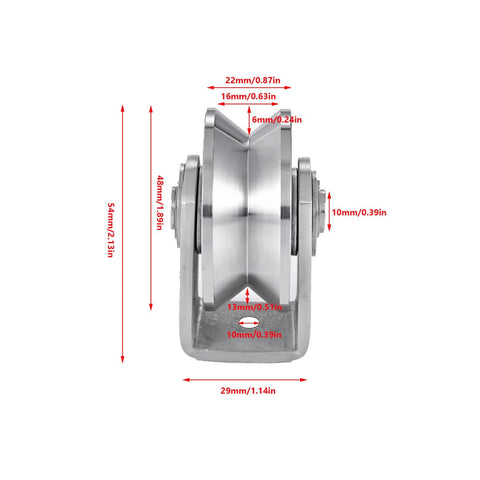 Side view of 2pcs V Groove Wheel Stainless Steel Heavy Duty Wire Rope Pulley Block Sliding Gate Rollers with measurements