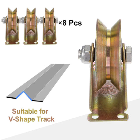 8 Pack 3 Inch V Groove Wheel Sliding Gate Casters With Bracket for Inverted V Track, heavy duty steel wheels for industrial gates