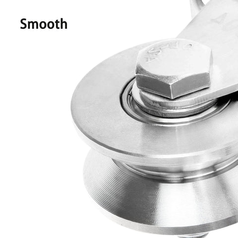Close-up of a smooth 2 Pack 2 Inch V Groove Wheel Pulley, 304 Stainless Steel Silent Pulley Block, Heavy Duty Caster Wheels