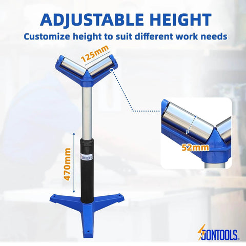 Image showing V-Head Heavy-Duty Roller for Woodworking with adjustable height 470mm, featuring 125mm and 52mm dimensions for stable alignment.