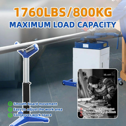 V-Head Heavy-Duty Roller for Woodworking - 1,760 Lb Load Capacity displayed in workshop setting with adjustable height feature.