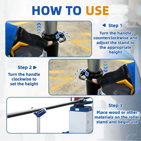 How to use the V-Head Heavy-Duty Roller for Woodworking - 1,760 Lb Load Capacity, Adjustable Height 22.83-38.19 Inches shown in steps