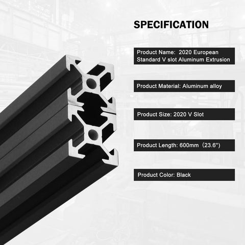 European 2020 V Slot aluminum extrusion kit in a 20x20mm profile, 600mm length, 10 pieces, black anodized, CNC and 3D printer frames