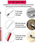 V Tip Tack Lifter with ergonomic handle, demonstrating use in removing tacks, part of Five piece upholstery staple remover and nail puller kit.
