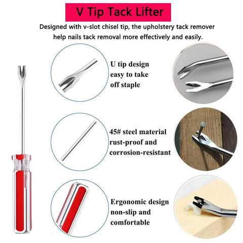 V Tip Tack Lifter with ergonomic handle, demonstrating use in removing tacks, part of Five piece upholstery staple remover and nail puller kit.