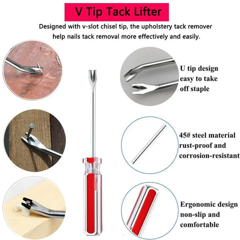 Close-up of V Tip Tack Lifter, part of 4-Piece Upholstery Staple Remover Tool Set with End-Cutting Pliers, Nail Remover.