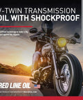 Motorcycle riding at sunset promoting Full Synthetic V-Twin Gear Oil With Shockproof Technology for smooth shifts and protection