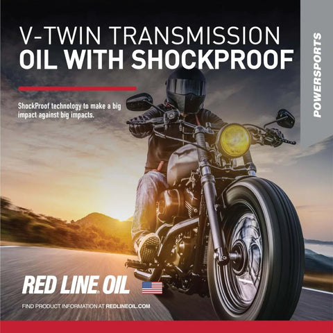 Motorcycle riding at sunset promoting Full Synthetic V-Twin Gear Oil With Shockproof Technology for smooth shifts and protection