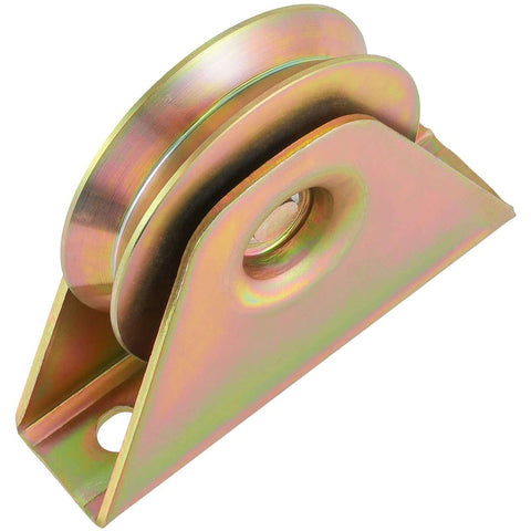 Side view of 2 Pack 3.5 Inch V Type Sliding Gate Rollers With Bracket, V Groove Track Wheel Steel Rollers, zinc plated.