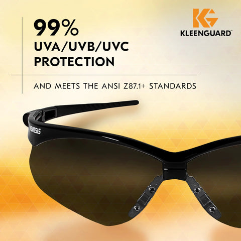 V30 Nemesis Safety Glasses With Mirror Coating Smoke Lenses Black Frame Unisex, showcasing UVA/UVB/UVC protection.
