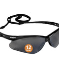 V30 Nemesis Safety Glasses with Mirror Coating Smoke Lenses Black Frame Unisex, showing lenses, black frame, neck cord
