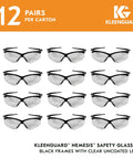 V30 Nemesis Safety Glasses Clear Lenses Black Frame Unisex Eyewear 12 Pairs Case, shown in carton packaging.