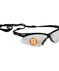 V30 Nemesis Safety Glasses Clear Lenses Black Frame Unisex Eyewear 12 Pairs Case shown with attached strap