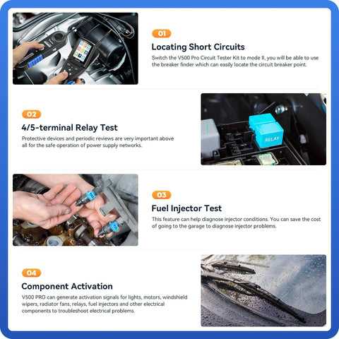 V500 Pro All In One Automotive Electrical Tool with Open and Short Circuit Detection and Breaker Finder shown in use.