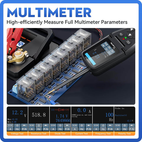 V500 Pro All In One Automotive Electrical Tool measuring multimeter parameters with display and probes connected to circuit board