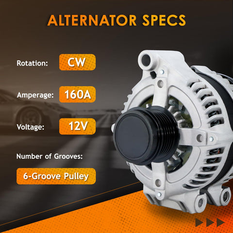 Beef Up Your Ride With This Durable Alternator Replacement For 2011 To 2020 Dodge Grand Caravan And 2011 To 2016 Town And Country Plus 2011 To 2019 Journey 2011 To 2014 Avenger Chrysler 200 Ram CV Volkswagen Routan V6 3.6L, showing specs like 160A, 12V, 6-Groove Pulley