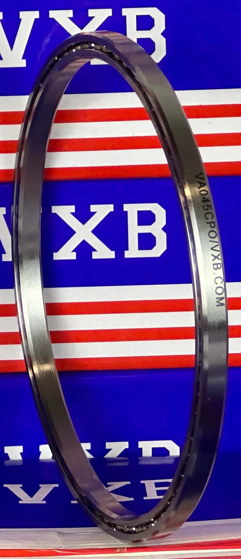 VA045CP0 Thin Section Bearing 4-1/2" x 5" x 1/4" inch side view on a background of blue and red stripes.