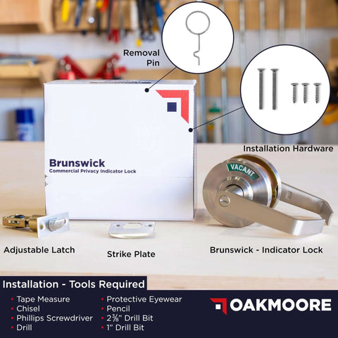 Commercial Door Handle With Vacant Occupied Indicator Restroom Lock for Public Bathrooms, includes installation hardware and packaging.
