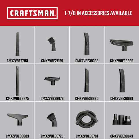 Image displaying various 1-7/8 in vacuum accessories by Craftsman, including crevice tools and nozzles for versatile cleaning.