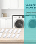10 Pack Vacuum Storage Bags Sealing Clips Set displayed on counter in laundry room, featuring reusable zipper sealing clips