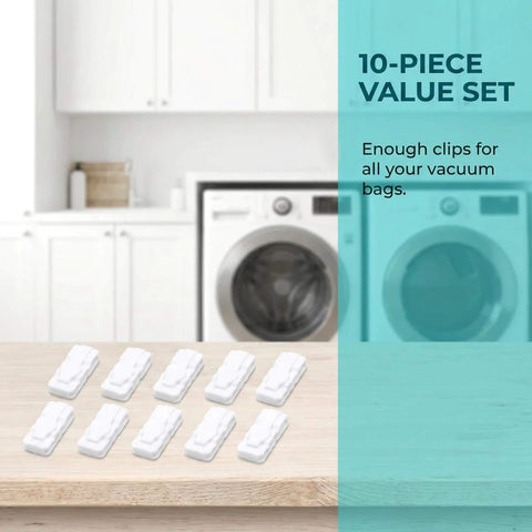 10 Pack Vacuum Storage Bags Sealing Clips Set displayed on counter in laundry room, featuring reusable zipper sealing clips