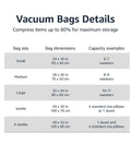 Size chart for Vacuum Storage Bags For Clothes With Hand Pump, Space Saving Jumbo Compression Bags Set Of Six.