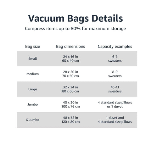 Size chart for Vacuum Storage Bags For Clothes With Hand Pump, Space Saving Jumbo Compression Bags Set Of Six.