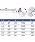 Vacuum Blind Plate SS304 316L for CF63 CF80 CF100 CF160 CF200 Flanges Blank Plug, dimensions and size chart displayed.