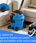 2 Pack Foot Caster And Caster Wheel Kit 12388 And 12293 Compatible With 6 Gallon And 16 Gallon Wet Dry Vacuums Replacement Caster Accessories Durable Plastic Construction With Smooth Rolling Bearings used on a blue wet/dry vacuum in a living room setting.