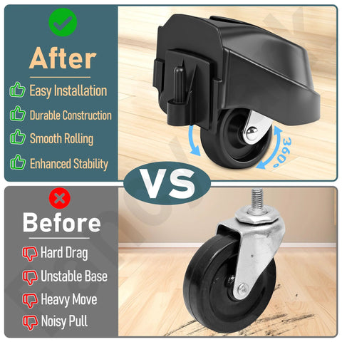 Foot And Caster Replacement Set For Wet And Dry Vacuum Cleaners 6 Gallon 9 Gallon 12 Gallon Models Compatible With Ridgid WD16650 WD06350 WD1665M showing old and new casters compared for stability and ease of use