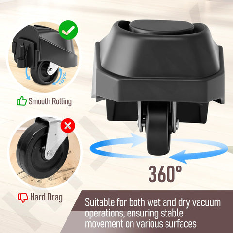 4 Pack Foot And Wheel Vacuum Caster Replacement Kit 12388 12293 shown with a close-up of heavy-duty black wheel and foot caster design.