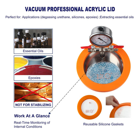 1.2 qt stainless steel vacuum chamber kit with acrylic lid and orange gasket for resin degassing.