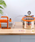 Degassing Vacuum Chamber Kit With 1.5 Gallon Stainless Steel Chamber And 3.5 CFM Pump for DIY resin casting displayed on table