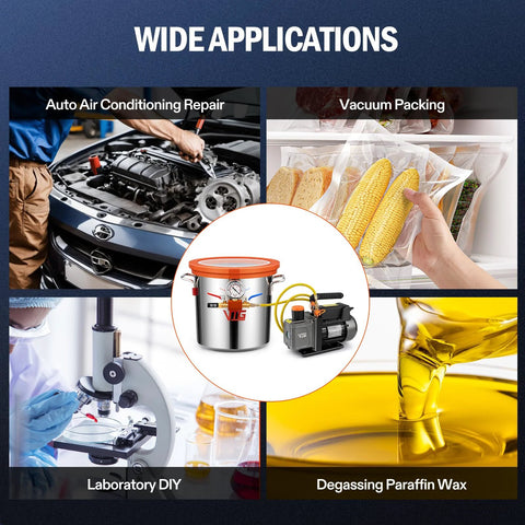 Image showing wide applications of Pro Grade 3 Gallon Vacuum Chamber Kit With 4.5 CFM One Third HP Vacuum Pump in various settings.