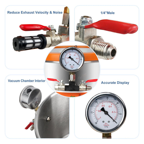 BACOENG 3-Gallon tempered-glass lid vacuum chamber kit with stainless steel degassing chamber and pressure gauge.