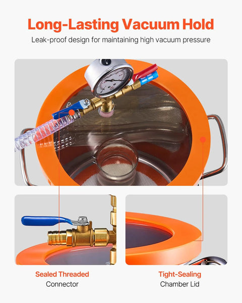 Degassing Vacuum Chamber Kit With 1.5 Gallon Stainless Steel Chamber And 3.5 CFM Pump, shown with acrylic lid and connectors.
