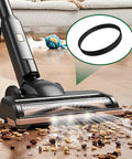 Vacuum cleaner cleaning floor with a highlighted replacement belt, restore strong suction and peak cleaning with this four pack of replacement vacuum belts, compatible with select Bissell models, delivering durable wear resistance.