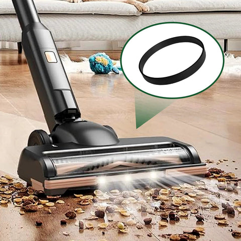 Vacuum cleaner cleaning floor with a highlighted replacement belt, restore strong suction and peak cleaning with this four pack of replacement vacuum belts, compatible with select Bissell models, delivering durable wear resistance.