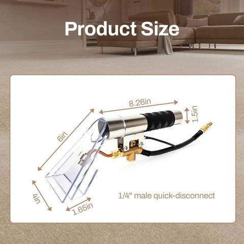 Extractor Wand And Cleaning Head For Vacuum Cleaners With Sealed Spray Design, shown with dimensions, stainless steel body