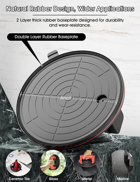 Electric Vacuum Suction Cup Lifter With 8 Inch Base, Heavy Duty 440 lbs Capacity, showing double layer rubber baseplate.
